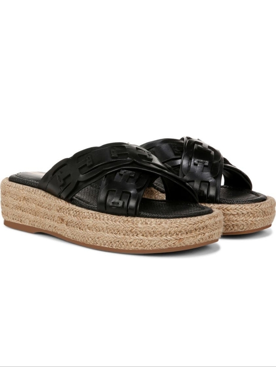 Sam Edelman Shoes - Sam Edelman Pria Black Woven Leather Espadrille Platform Slides Resort 7.5